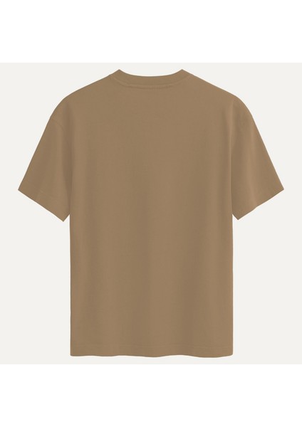 Unisex Bisiklet Yaka %100 Organik Pamuklu Kalın Dokulu Behind California Oversize T-Shirt - Açık Kahverengi fiyatları