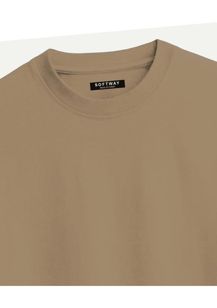 Unisex Bisiklet Yaka %100 Organik Pamuklu Kalın Dokulu Behind California Oversize T-Shirt - Açık Kahverengi modelleri