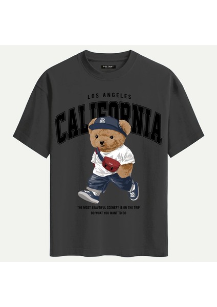 Unisex Bisiklet Yaka %100 Organik Pamuklu Kalın Dokulu California Baskılı Oversize T-Shirt - Füme
