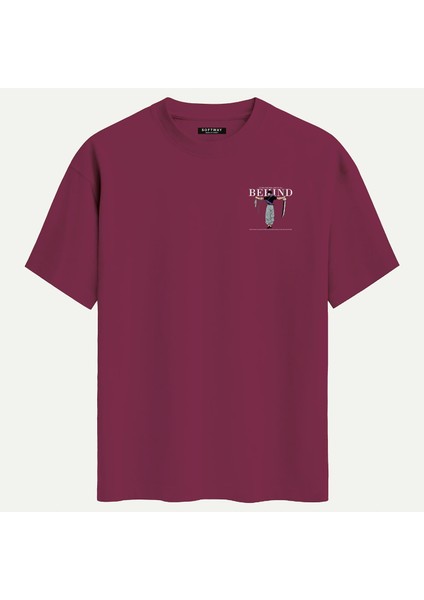 Unisex Bisiklet Yaka %100 Organik Pamuklu Kalın Dokulu Behind Baskılı Oversize T-Shirt - Bordo fiyatları