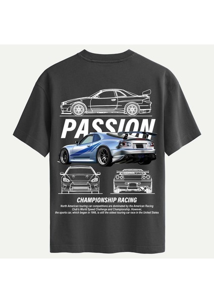 Unisex Bisiklet Yaka %100 Organik Pamuklu Kalın Dokulu Passion Baskılı Oversize T-Shirt - Füme