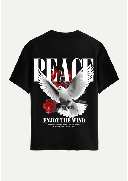 Unisex Bisiklet Yaka %100 Organik Pamuklu Kalın Dokulu Peace Baskılı Oversize T-Shirt - Siyah