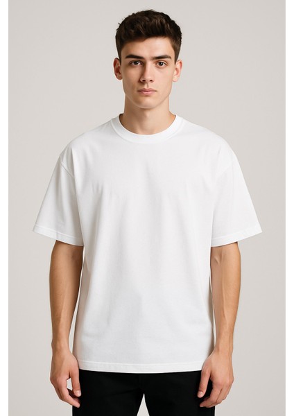 Unisex Bisiklet Yaka %100 Organik Pamuklu Kalın Dokulu Düz Oversize T-Shirt - Beyaz indirimleri