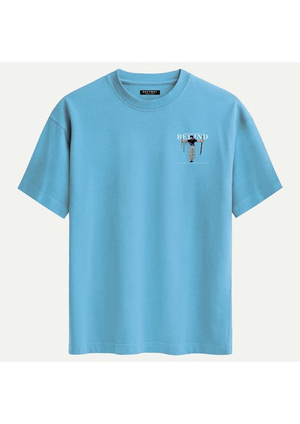 Unisex Bisiklet Yaka %100 Organik Pamuklu Kalın Dokulu Behind Baskılı Oversize T-Shirt - Mavi fiyatları