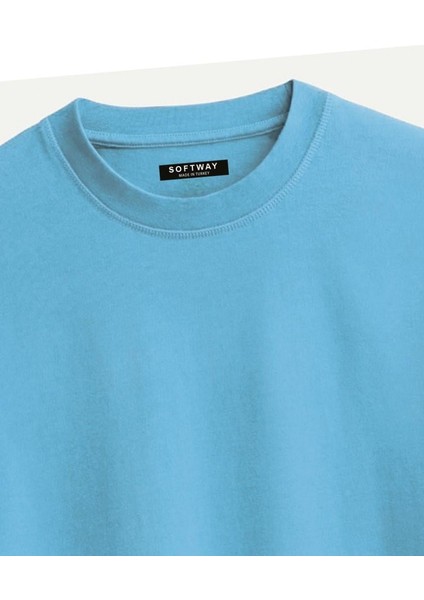 Unisex Bisiklet Yaka %100 Organik Pamuklu Kalın Dokulu Behind Baskılı Oversize T-Shirt - Mavi modelleri