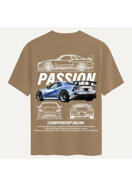 Unisex Bisiklet Yaka %100 Organik Pamuklu Kalın Dokulu Passion Baskılı Oversize T-Shirt - Açık Kahverengi