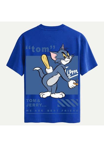 Unisex Bisiklet Yaka %100 Organik Pamuklu Kalın Dokulu Tom Baskılı Oversize T-Shirt - Saks Mavisi
