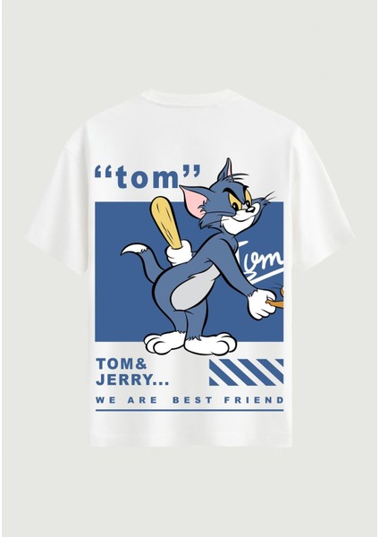 Unisex Bisiklet Yaka %100 Organik Pamuklu Kalın Dokulu Tom Baskılı Oversize T-Shirt - Beyaz