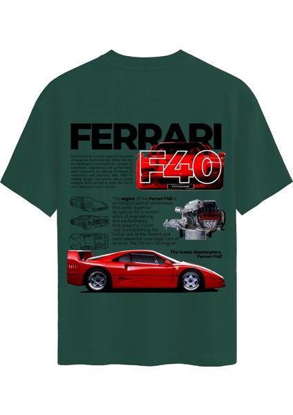 Unisex Bisiklet Yaka %100 Organik Pamuklu Kalın Dokulu Ferrari F40 Baskılı Oversize T-Shirt - Koyu Yeşil