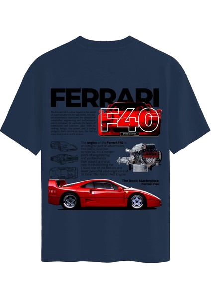 Unisex Bisiklet Yaka %100 Organik Pamuklu Kalın Dokulu Ferrari F40 Baskılı Oversize T-Shirt - Lacivert