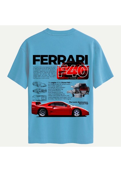 Unisex Bisiklet Yaka %100 Organik Pamuklu Kalın Dokulu Ferrari F40 Baskılı Oversize T-Shirt - Mavi