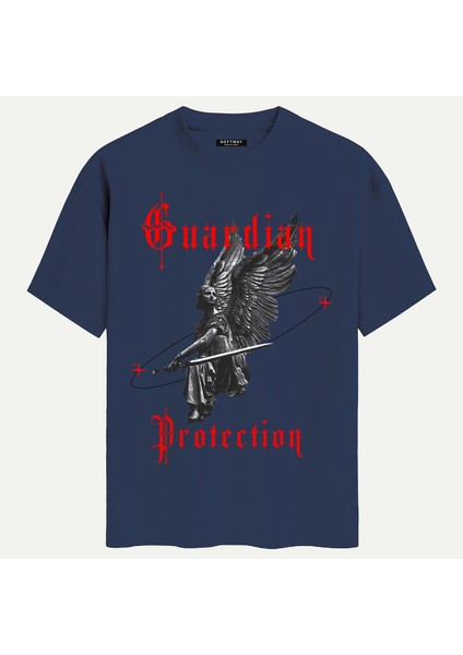 Unisex Bisiklet Yaka %100 Organik Pamuklu Kalın Dokulu Guardian Protection Baskılı Oversize T-Shirt - Lacivert