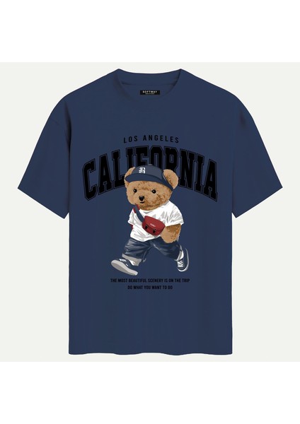 Unisex Bisiklet Yaka %100 Organik Pamuklu Kalın Dokulu California Baskılı Oversize T-Shirt - Lacivert