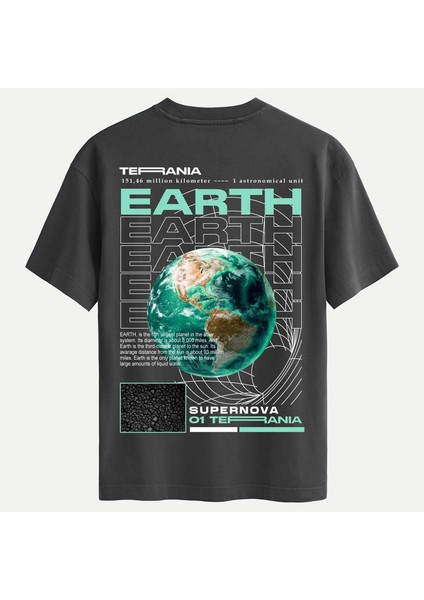 Unisex Bisiklet Yaka %100 Organik Pamuklu Kalın Dokulu Earth Baskılı Oversize T-Shirt - Füme