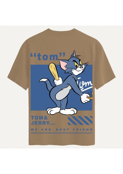 Unisex Bisiklet Yaka %100 Organik Pamuklu Kalın Dokulu Tom Baskılı Oversize T-Shirt - Açık Kahverengi