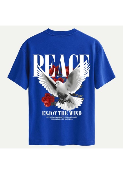 Unisex Bisiklet Yaka %100 Organik Pamuklu Kalın Dokulu Peace Baskılı Oversize T-Shirt - Saks Mavisi