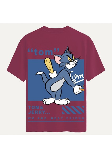 Unisex Bisiklet Yaka %100 Organik Pamuklu Kalın Dokulu Tom Baskılı Oversize T-Shirt - Bordo