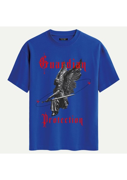 Unisex Bisiklet Yaka %100 Organik Pamuklu Kalın Dokulu Guardian Protection Baskılı Oversize T-Shirt - Saks Mavisi