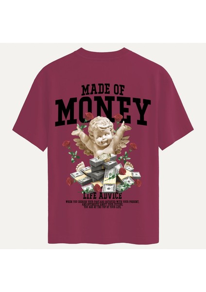 Unisex Bisiklet Yaka %100 Organik Pamuklu Kalın Dokulu Made Of Money Baskılı Oversize T-Shirt - Bordo