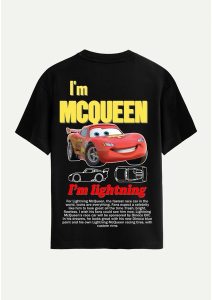 Unisex Bisiklet Yaka %100 Organik Pamuklu Kalın Dokulu Mcqueen Baskılı Oversize T-Shirt - Siyah