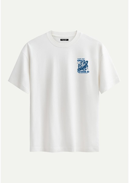 Unisex Bisiklet Yaka %100 Organik Pamuklu Kalın Dokulu Own World Baskılı Oversize T-Shirt - Ekru fiyatları