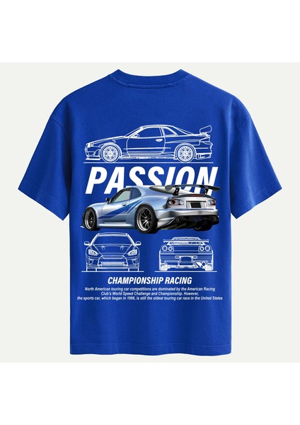Unisex Bisiklet Yaka %100 Organik Pamuklu Kalın Dokulu Passion Baskılı Oversize T-Shirt - Saks Mavisi