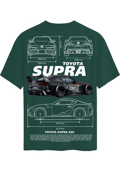 Unisex Bisiklet Yaka %100 Organik Pamuklu Kalın Dokulu Toyota Supra A90 Baskılı Oversize T-Shirt - Koyu Yeşil