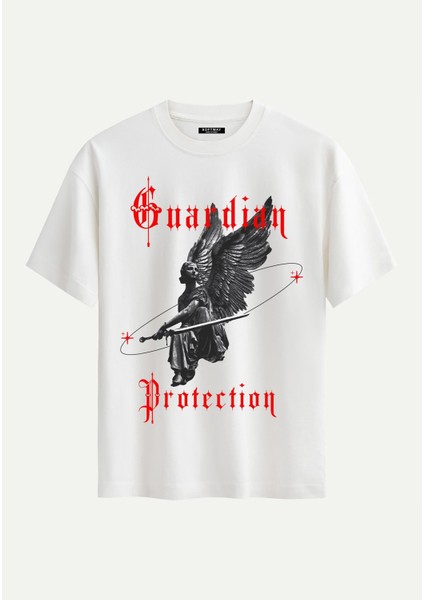 Unisex Bisiklet Yaka %100 Organik Pamuklu Kalın Dokulu Guardian Protection Baskılı Oversize T-Shirt - Ekru