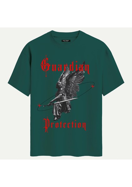 Unisex Bisiklet Yaka %100 Organik Pamuklu Kalın Dokulu Guardian Protection Baskılı Oversize T-Shirt - Koyu Yeşil