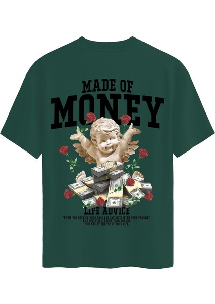 Unisex Bisiklet Yaka %100 Organik Pamuklu Kalın Dokulu Made Of Money Baskılı Oversize T-Shirt - Koyu Yeşil