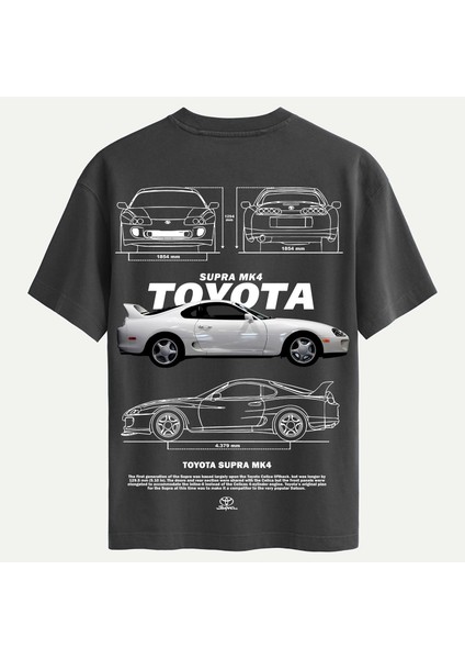 Unisex Bisiklet Yaka %100 Organik Pamuklu Kalın Dokulu Toyota Supra Mk4 Baskılı Oversize T-Shirt - Füme