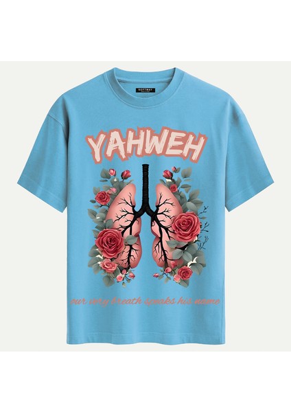 Unisex Bisiklet Yaka %100 Organik Pamuklu Kalın Dokulu Yahweh Baskılı Oversize T-Shirt - Mavi