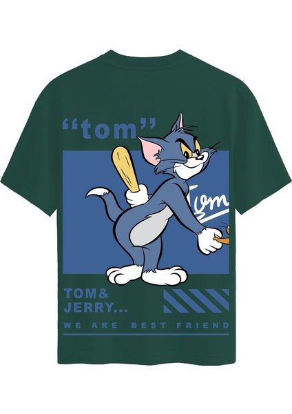 Unisex Bisiklet Yaka %100 Organik Pamuklu Kalın Dokulu Tom Baskılı Oversize T-Shirt - Koyu Yeşil