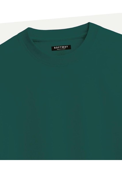 Unisex Bisiklet Yaka %100 Organik Pamuklu Kalın Dokulu Earth Baskılı Oversize T-Shirt - Koyu Yeşil modelleri