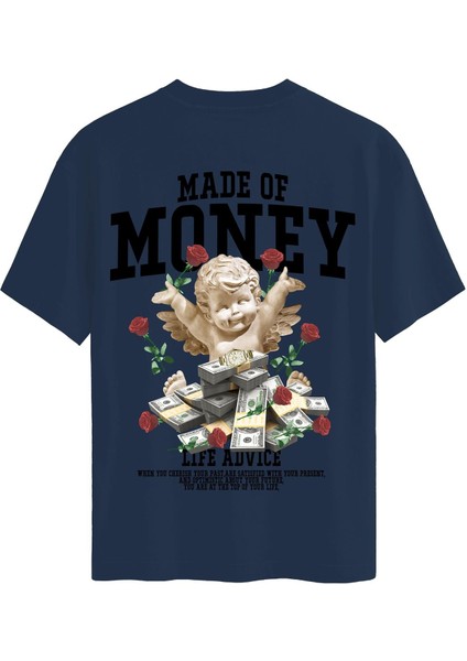 Unisex Bisiklet Yaka %100 Organik Pamuklu Kalın Dokulu Made Of Money Baskılı Oversize T-Shirt - Lacivert
