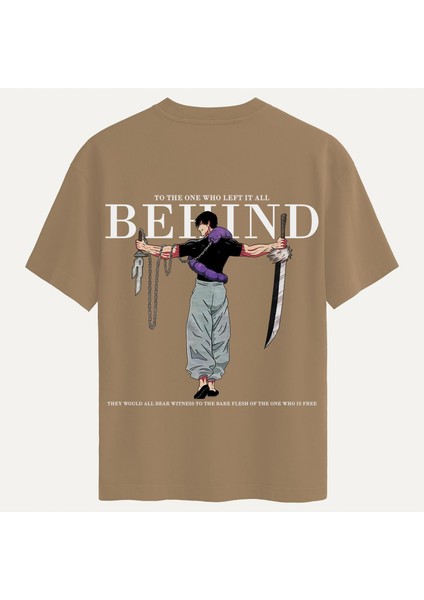 Unisex Bisiklet Yaka %100 Organik Pamuklu Kalın Dokulu Behind Baskılı Oversize T-Shirt - Açık Kahverengi