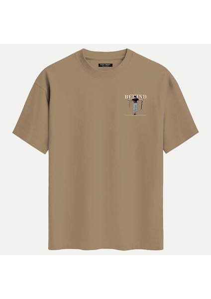Unisex Bisiklet Yaka %100 Organik Pamuklu Kalın Dokulu Behind Baskılı Oversize T-Shirt - Açık Kahverengi fiyatları