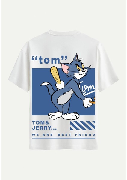 Unisex Bisiklet Yaka %100 Organik Pamuklu Kalın Dokulu Tom Baskılı Oversize T-Shirt - Ekru
