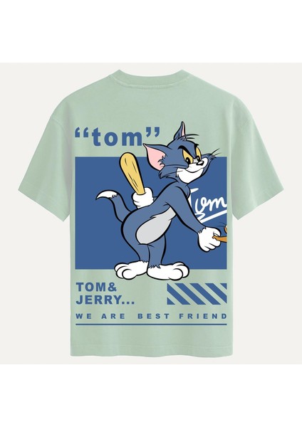 Unisex Bisiklet Yaka %100 Organik Pamuklu Kalın Dokulu Tom Baskılı Oversize T-Shirt - Bej