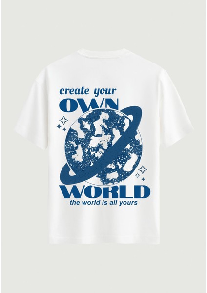 Unisex Bisiklet Yaka %100 Organik Pamuklu Kalın Dokulu Own World Baskılı Oversize T-Shirt - Beyaz