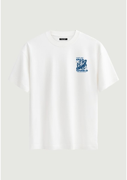 Unisex Bisiklet Yaka %100 Organik Pamuklu Kalın Dokulu Own World Baskılı Oversize T-Shirt - Beyaz fiyatları
