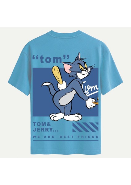 Unisex Bisiklet Yaka %100 Organik Pamuklu Kalın Dokulu Tom Baskılı Oversize T-Shirt - Mavi