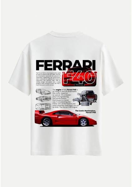 Unisex Bisiklet Yaka %100 Organik Pamuklu Kalın Dokulu Ferrari F40 Baskılı Oversize T-Shirt - Ekru