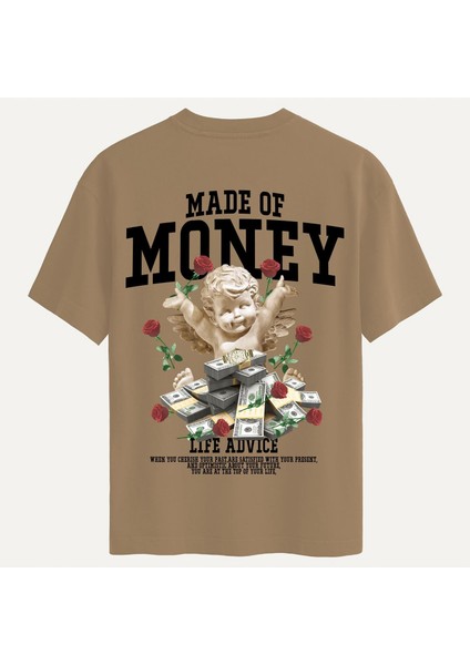 Unisex Bisiklet Yaka %100 Organik Pamuklu Kalın Dokulu Made Of Money Baskılı Oversize T-Shirt - Açık Kahverengi