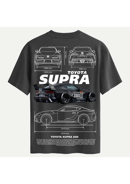 Unisex Bisiklet Yaka %100 Organik Pamuklu Kalın Dokulu Toyota Supra A90 Baskılı Oversize T-Shirt - Füme