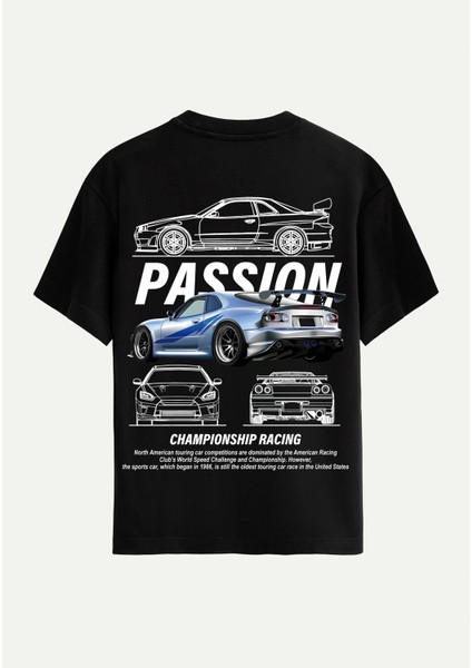 Unisex Bisiklet Yaka %100 Organik Pamuklu Kalın Dokulu Passion Baskılı Oversize T-Shirt - Siyah