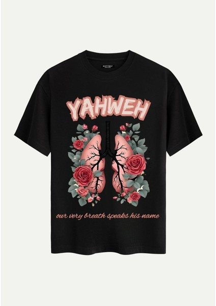 Unisex Bisiklet Yaka %100 Organik Pamuklu Kalın Dokulu Yahweh Baskılı Oversize T-Shirt - Siyah