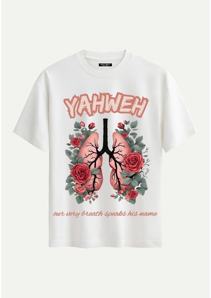 Unisex Bisiklet Yaka %100 Organik Pamuklu Kalın Dokulu Yahweh Baskılı Oversize T-Shirt - Ekru