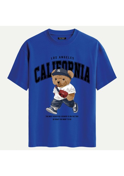Unisex Bisiklet Yaka %100 Organik Pamuklu Kalın Dokulu California Baskılı Oversize T-Shirt - Saks Mavisi