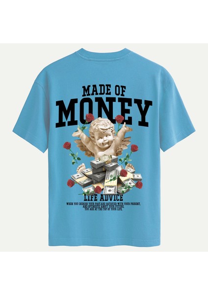 Unisex Bisiklet Yaka %100 Organik Pamuklu Kalın Dokulu Made Of Money Baskılı Oversize T-Shirt - Mavi
